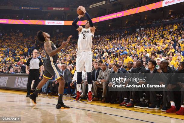 Nikola Mirotic of the New Orleans Pelicans shoots the ball against the Golden State Warriors in Game Two of Round Two of the 2018 NBA Playoffs on May...