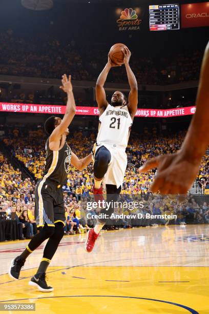 Darius Miller of the New Orleans Pelicans shoots the ball against the Golden State Warriors in Game Two of Round Two of the 2018 NBA Playoffs on May...