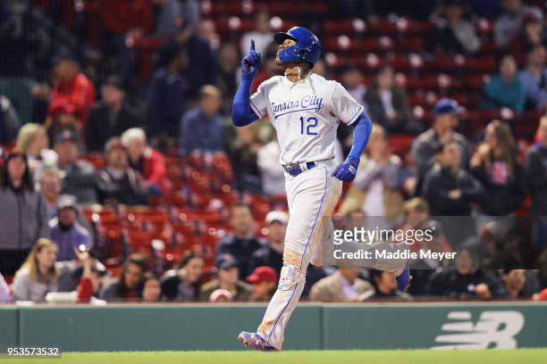 Jorge Soler of the Kansas City Royals celebrates after hitting a three run home run against the Boston Red Sox during the thirteenth inning at Fenway...