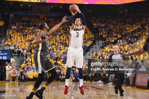 Nikola Mirotic of the New Orleans Pelicans shoots the ball against the Golden State Warriors in Game Two of Round Two of the 2018 NBA Playoffs on May...