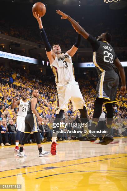 Nikola Mirotic of the New Orleans Pelicans shoots the ball against the Golden State Warriors in Game Two of Round Two of the 2018 NBA Playoffs on May...