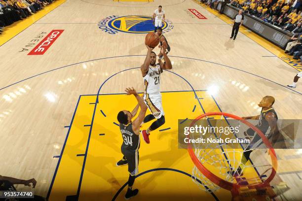 Darius Miller of the New Orleans Pelicans shoots the ball Golden State Warriors in Game Two of the Western Conference Semifinals during the 2018 NBA...