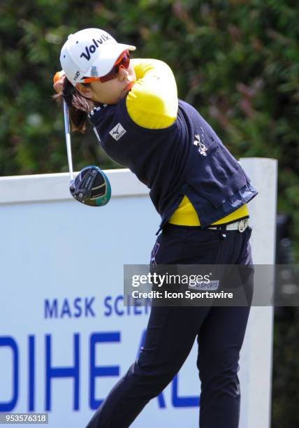 Mi Hyang Lee of Korea tees from the first hole during the final round of the Mediheal Championship on April 29, 2018 at Lake Merced Golf Club in San...