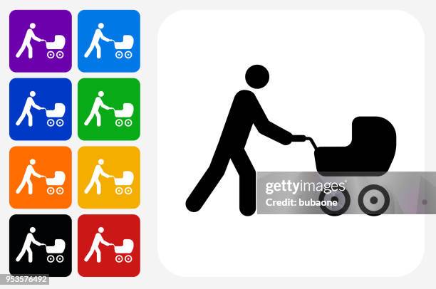 person pushing a stroller icon square button set - pushing stroller stock illustrations