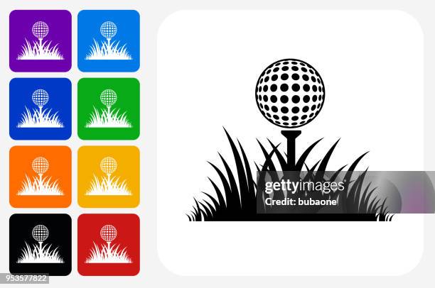 golf ball in the grass icon square button set - golf grass stock illustrations