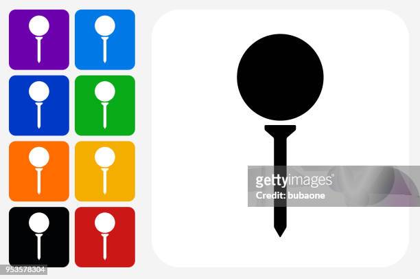 golf ball on tee icon square button set - golf tee stock illustrations