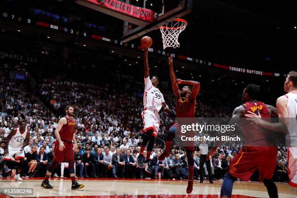 Delon Wright of the Toronto Raptors handles the ball against the Cleveland Cavaliers in Game One of Round Two of the 2018 NBA Playoffs on May 1, 2018...