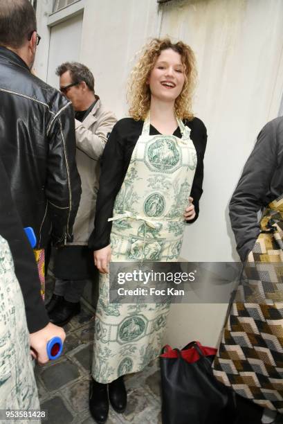 Theater actress Taos Sonzogni attends Zelia Van Den Bulke Aprons show At Zelia Abbesses Shop on May 1, 2018 in Paris, France.