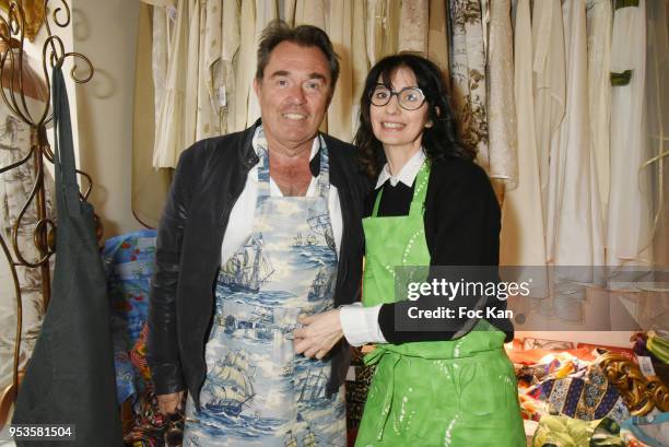 Journalist Herve Pouchol and designer Zelia Van den Bulke attend Zelia Van Den Bulke Aprons Show At Zelia Abbesses Shop on May 1, 2018 in Paris,...