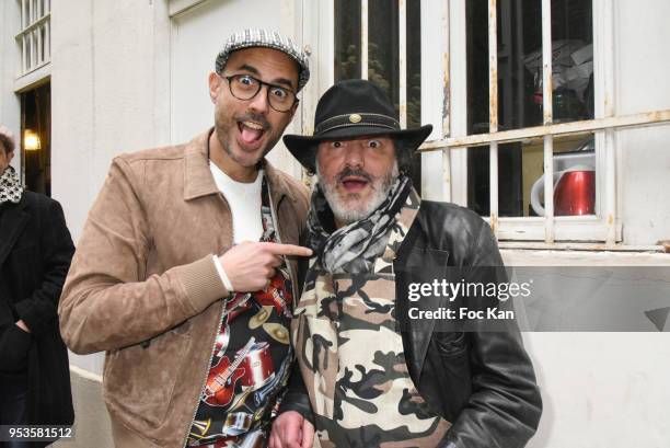 Singers Marc Fichel and Rachid Taha attend Zelia Van Den Bulke Aprons show At Zelia Abbesses Shop on May 1, 2018 in Paris, France.