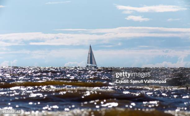 white sail boat on sea - hailuoto stock pictures, royalty-free photos & images