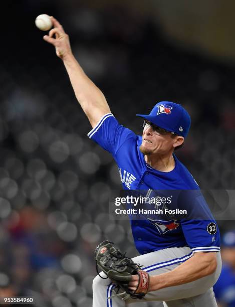 Tyler Clippard of the Toronto Blue Jays delivers a pitch against the Minnesota Twins during the ninth inning of the game on May 1, 2018 at Target...