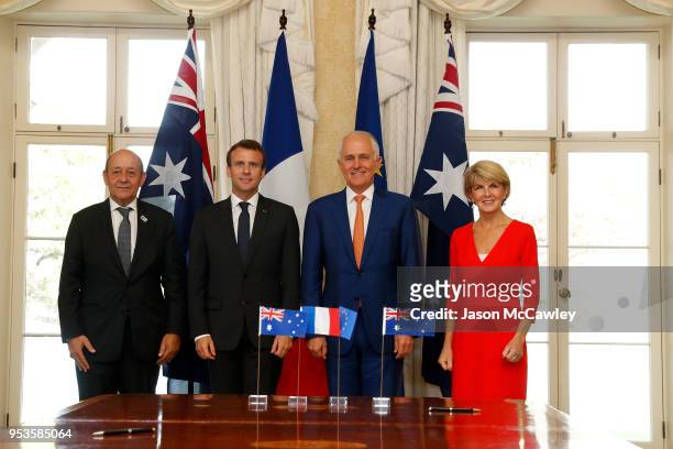 Minister of Europe and Foreign Affairs Jean-Yves Le Drain, French president Emmanuel Macron, Australian Prime Minister Malcolm Turnbull and Minister...