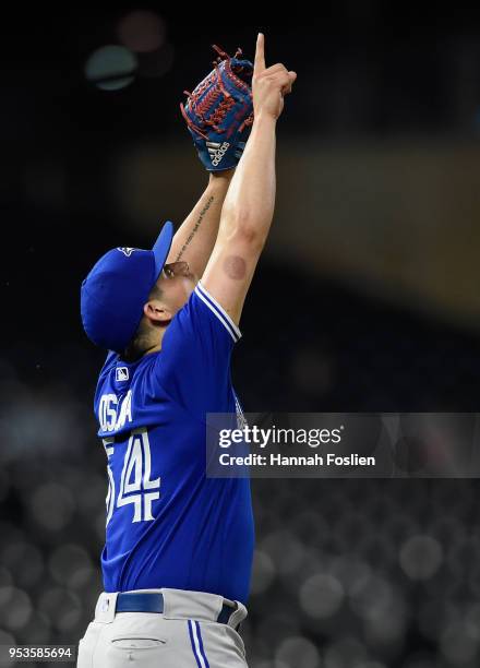 Roberto Osuna of the Toronto Blue Jays celebrates a win against the Minnesota Twins in 10 innings on May 1, 2018 at Target Field in Minneapolis,...