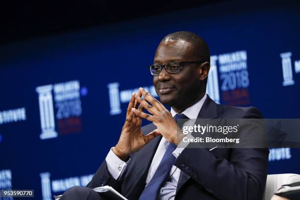 Tidjane Thiam, chief executive officer of Credit Suisse Group AG, attends the Milken Institute Global Conference in Beverly Hills, California, U.S.,...