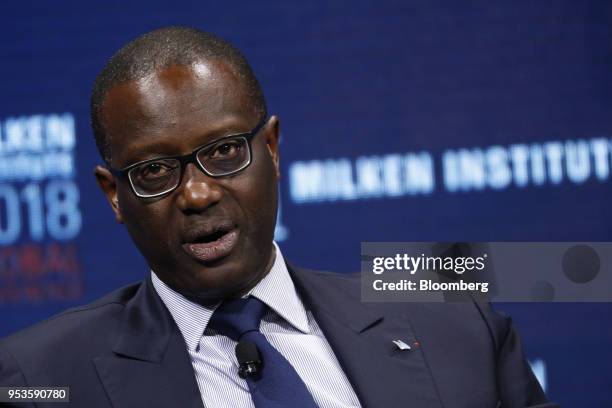 Tidjane Thiam, chief executive officer of Credit Suisse Group AG, speaks during the Milken Institute Global Conference in Beverly Hills, California,...