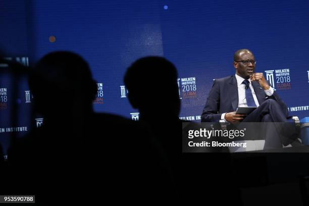 Tidjane Thiam, chief executive officer of Credit Suisse Group AG, speaks during the Milken Institute Global Conference in Beverly Hills, California,...