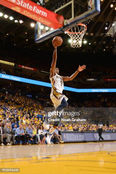 Rajon Rondo of the New Orleans Pelicans goes to the basket against the Golden State Warriors in Game Two of the Western Conference Semifinals during...