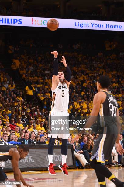 Nikola Mirotic of the New Orleans Pelicans shoots the ball against the Golden State Warriors in Game Two of the Western Conference Semifinals during...