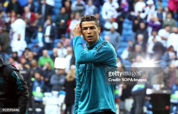 Ronaldo warms up before the UEFA Champions League Semi Final Second Leg match between Real Madrid and Bayern Munchen at the Santiago Bernabeu. Final...