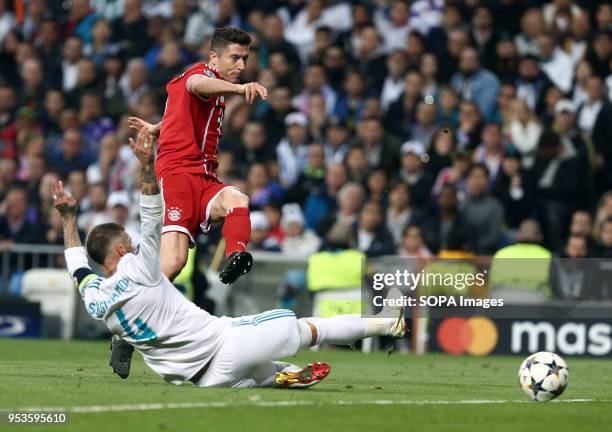 Robert Lewandowski in action during the UEFA Champions League Semi Final Second Leg match between Real Madrid and Bayern Munchen at the Santiago...