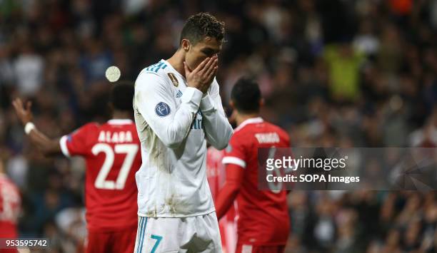 Cristiano Ronaldo reacts during the UEFA Champions League Semi Final Second Leg match between Real Madrid and Bayern Munchen at the Santiago...