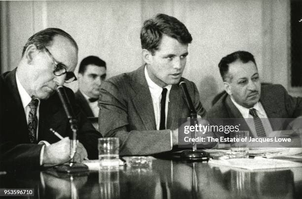 View of US Attorney General Robert F Kennedy as he listens during an unspecified government hearing, Washignton DC, early 1960s.