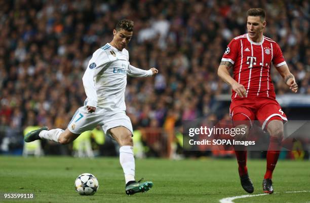 Cristiano Ronaldo in action during the UEFA Champions League Semi Final Second Leg match between Real Madrid and Bayern Munchen at the Santiago...