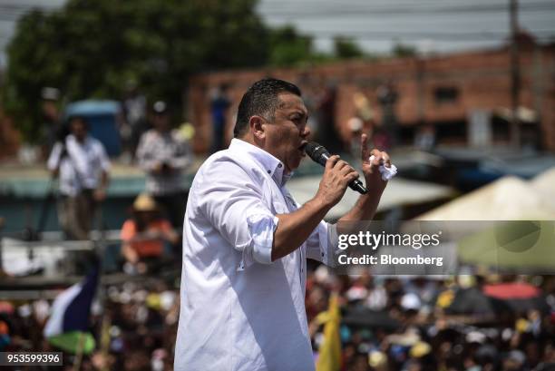 Evangelical pastor Javier Bertucci, presidential candidate for the Esperanza Por El Cambio Party, speaks on stage during a campaign rally on...