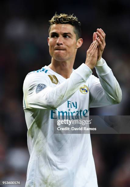 Cristiano Ronaldo of Real Madrid CF celebrates as they reach the final after the UEFA Champions League Semi Final Second Leg match between Real...