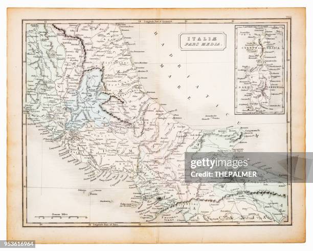 ilustraciones, imágenes clip art, dibujos animados e iconos de stock de mapa antiguo de italia central 1863 - southern italy