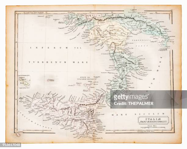 ilustraciones, imágenes clip art, dibujos animados e iconos de stock de mapa antiguo del sur de italia 1863 - mar jónico