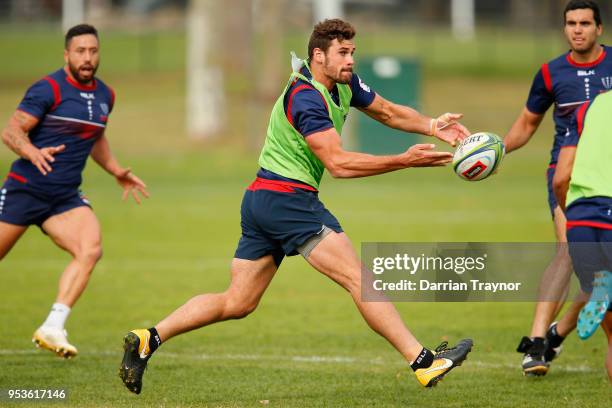 Tom English passes the ball during a Melbourne Rebels training at AAMI Park on May 2, 2018 in Melbourne, Australia.