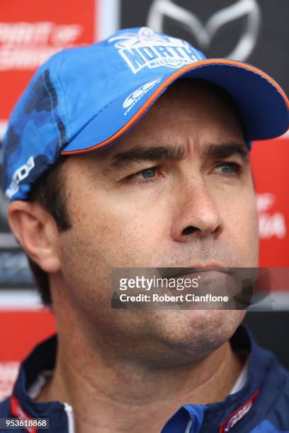 Kangaroos coach Brad Scott speaks to the media during a North Melbourne Kangaroos AFL training session at Arden Street on May 2, 2018 in Melbourne,...