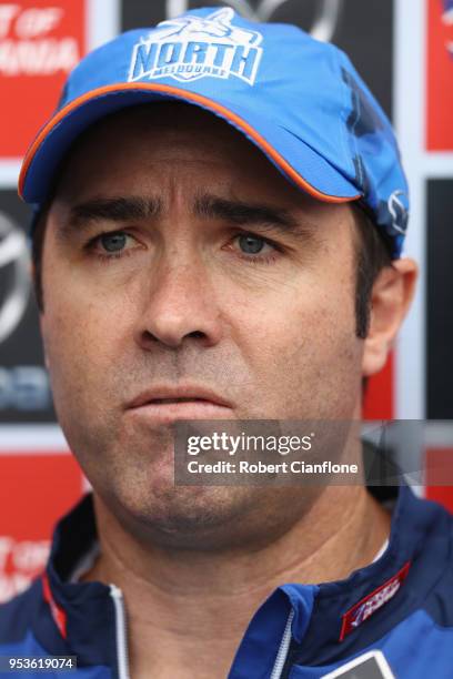 Kangaroos coach Brad Scott speaks to the media during a North Melbourne Kangaroos AFL training session at Arden Street on May 2, 2018 in Melbourne,...