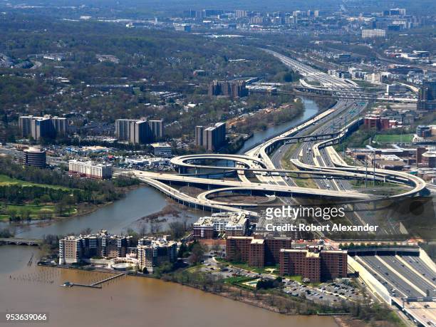 An aerial view from a passenger aircraft on its approach to Ronald Reagan Washington National Airport in Washington, D.C. Shows the Capital Beltway...