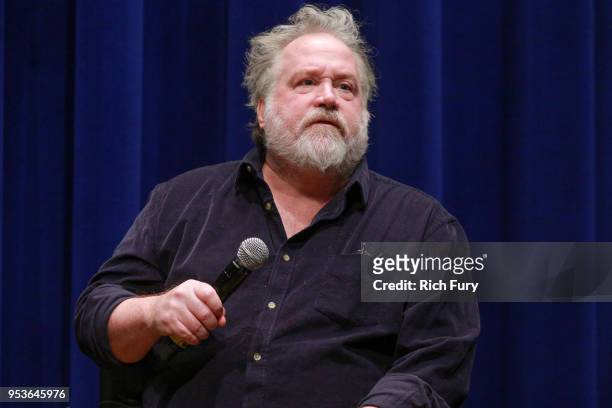 Tom Hulce speaks onstage during the premiere of Sony Pictures Classics' "The Seagull" at Writers Guild Theater on May 1, 2018 in Beverly Hills,...