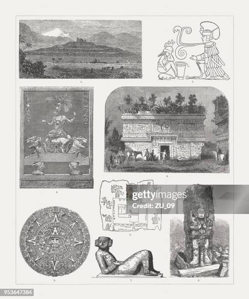 ilustraciones, imágenes clip art, dibujos animados e iconos de stock de monumentos precolombinos, méxico y centroamérica, grabados en madera, publicaron 1888 - calendario azteca