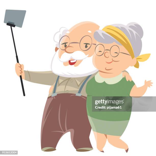 smiling old couple doing selfie - woman selfie portrait stock illustrations