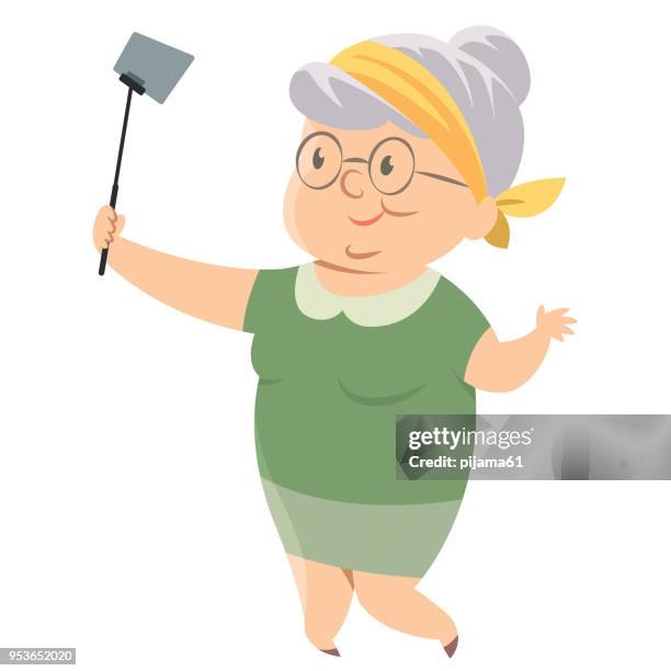 old woman taking selfie photo - grandmother portrait stock illustrations