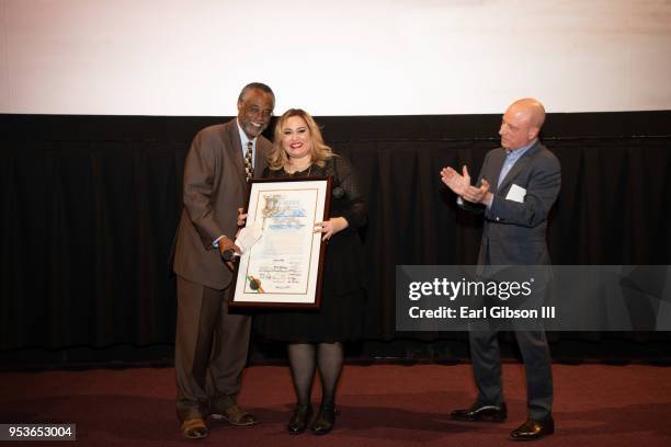 Los Angeles City Councilman Curren Price, Tanya Saracho and Starz CEO Chris Albrecht pose for a photo at the Starz "Vida" Premiere at Regal LA Live...