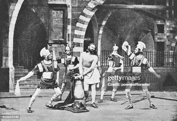 flagellation of christ at passion play in oberammergau, germany - 19th century - jesus whip stock illustrations