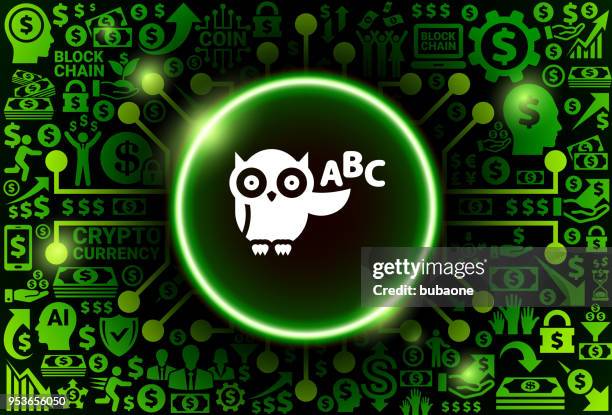 abc owl icon on money and cryptocurrency background - printed circuit b stock illustrations