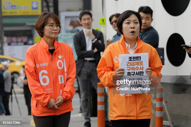 May 1, 2018-Seoul, South Korea-South Korean local lawmaker candidate shot slogans during a Cho Hyun Min denounce rally at Seoul Kangseo Police Agency...