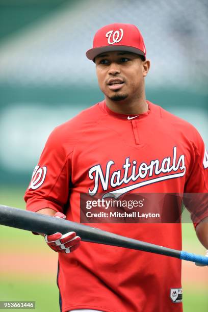 Moises Sierra of the Washington Nationals looks on during a batting practice of a baseball game against the Arizona Diamondbacks at Nationals Park on...