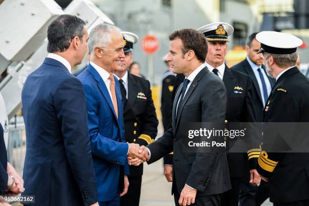 Australian Prime Minister Malcolm Turnbull greets President of France Emmanuel Macron at Garden Island on May 2, 2018 In Sydney, Australia. Macron...