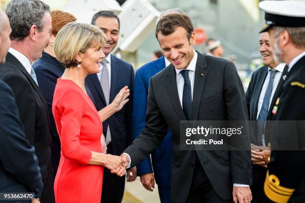 President of France Emmanuel Macron greets Australian Minister for Foreign Affairs Julie Bishop at Garden Island on May 2, 2018 In Sydney, Australia....