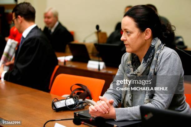 Defendant Beate Zschaepe awaits for the continuation of her trial at a courtroom in Munich, southern Germany on May 2, 2018. - Zschaepe is accused of...