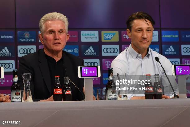 Head coach Jupp Heynckes of Bayern Muenchen and head coach Niko Kovac of Eintracht Frankfurt attend a press conference after the Bundesliga match...