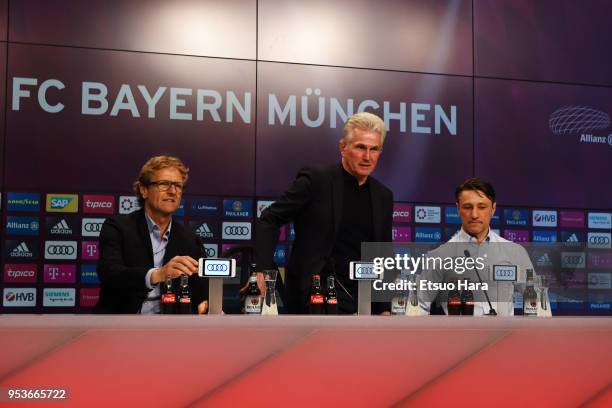 Head coach Jupp Heynckes of Bayern Muenchen and head coach Niko Kovac of Eintracht Frankfurt attend a press conference after the Bundesliga match...